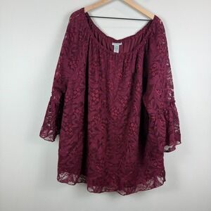 Catherines Top Women's 4X Plus Burgundy Lined Lace Overlay Romantic Blouse NWT